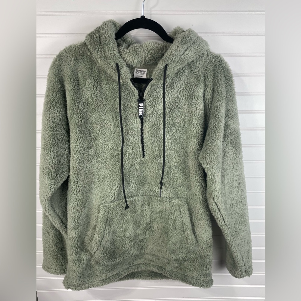 PINK Victoria's Secret Green Hooded Half Zip Sherpa Jacket Medium Women’s EUC